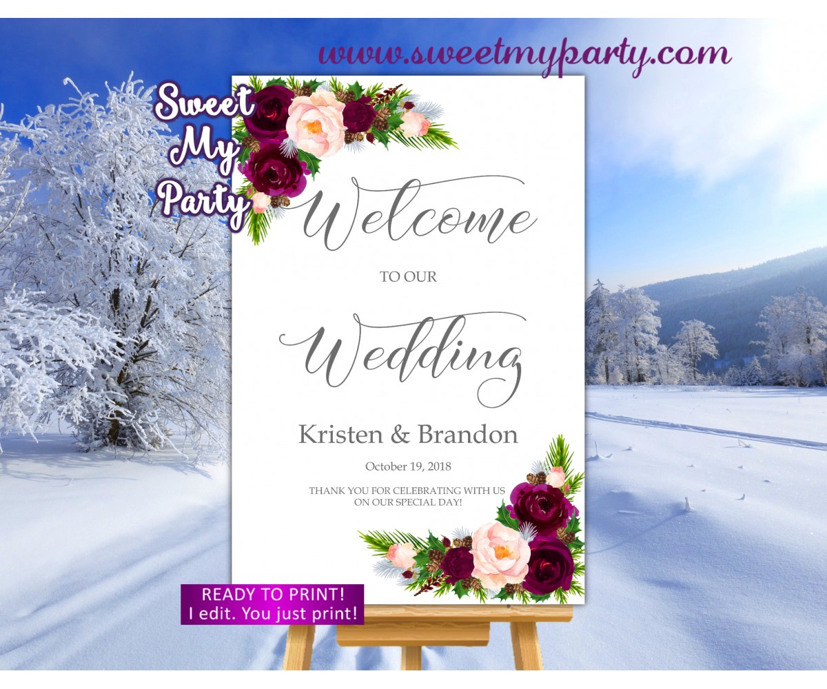 Winter Wedding Welcome Sign,Pine Cone Wedding Welcome sign,(118w)